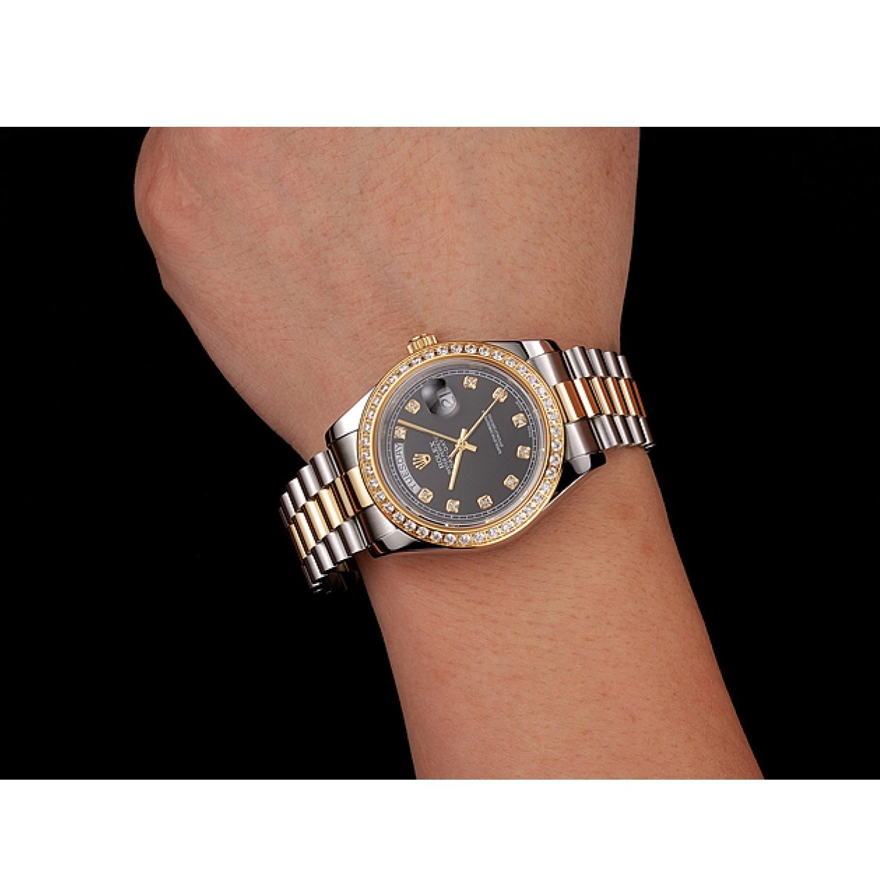 Aaa fake watches Stainless 1453975 Two Bracelet Swiss Gold Dial Steel Tone Case Day-Date Rolex Diamond Black 0806